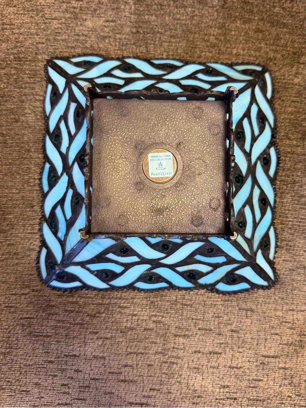 Retired PartLite Spring Water Pillar Candle Holder Tiffany-Style Blue Glass
